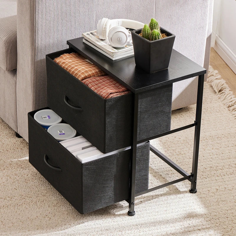 Multipurpose Nightstand with 2 Fabric Drawers - Wooden Top Storage Cabinet