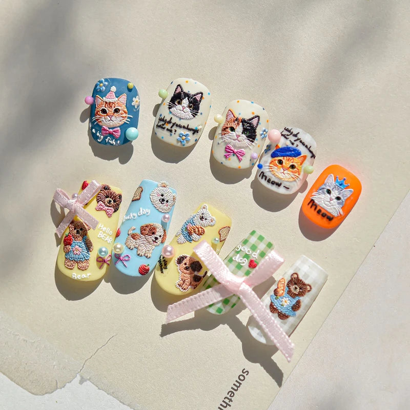 3Pcs Cute Cartoon Nail Art Stickers - Embroidered Kittens, Dogs & Bears