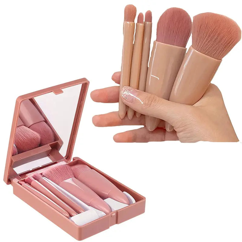 Mini Makeup Brush Set with Mirror – Travel Cosmetic Brushes, Soft Fluffy, 5 Pieces