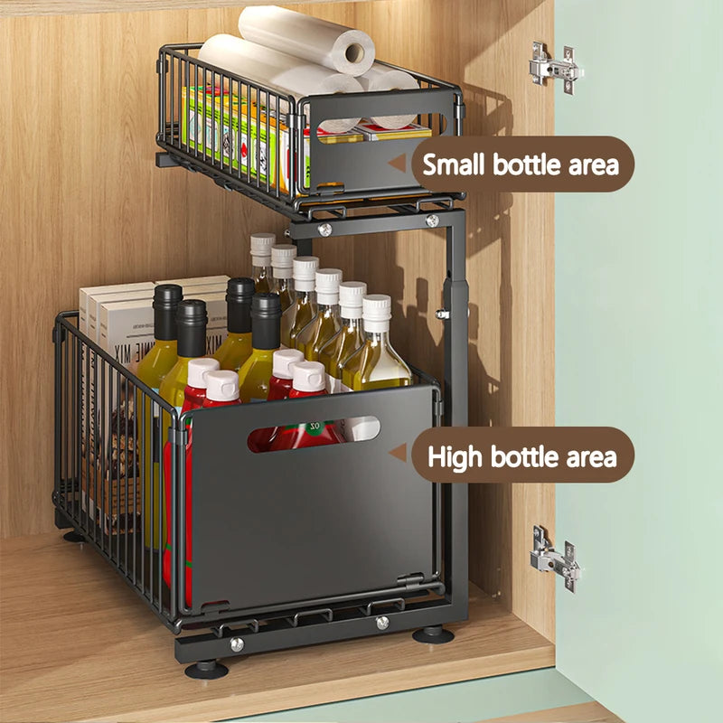 2-Tier Pull Out Cabinet Organizer Adjustable Kitchen Storage Rack for Under Sink