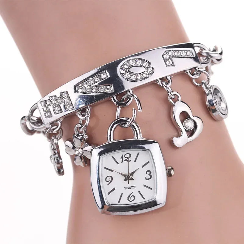 Women Dress Watches with Rhinestone Letters Flower Pendant Chain Bracelet Gift