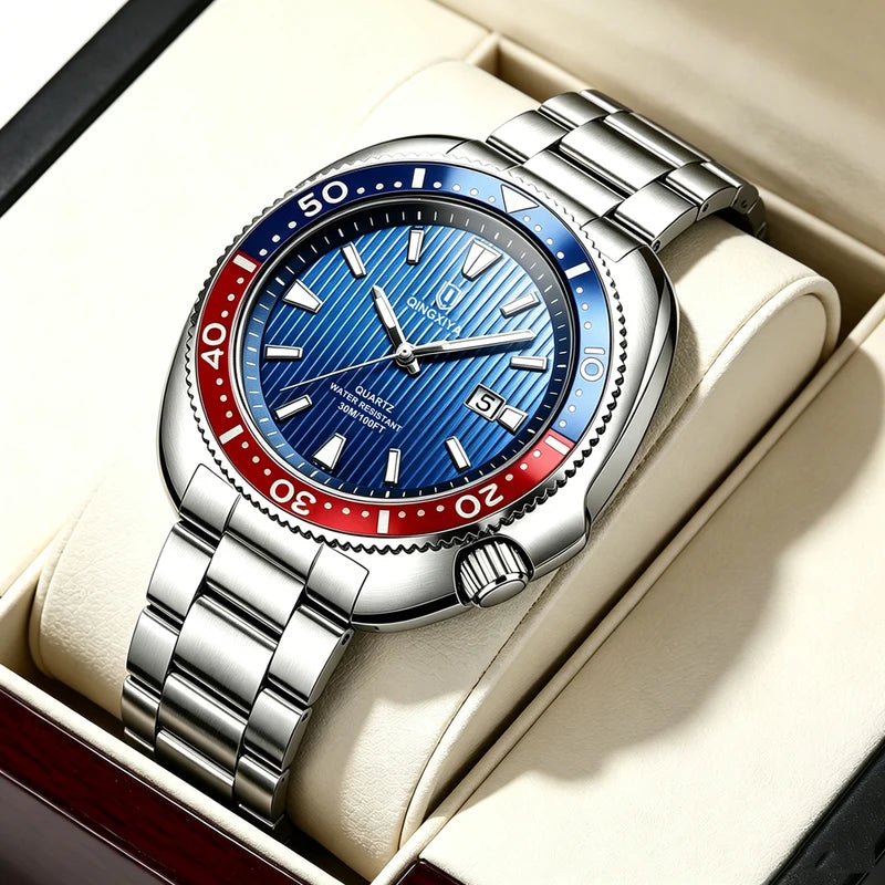 Luxury Men's Quartz Watch with Stainless Steel Band Waterproof Casual Wristwatch