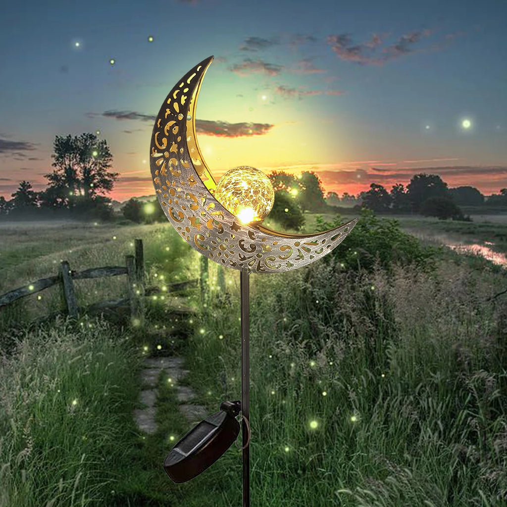 Solar Garden Lights Outdoor Decor Moon Fairy Crackle Glass LED Stake Light