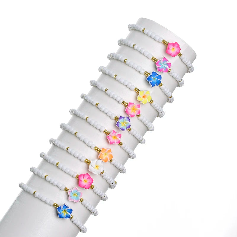 Colorful Clay Frangipani Charm Bracelet Set for Women - Adjustable Rope Jewelry Gift 12 pcs