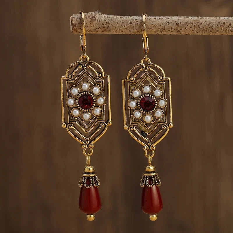 Vintage Women Earrings Gold Square Red Stones Imitation Pearl Party Jewelry