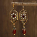 Vintage Women Earrings Gold Square Red Stones Imitation Pearl Party Jewelry