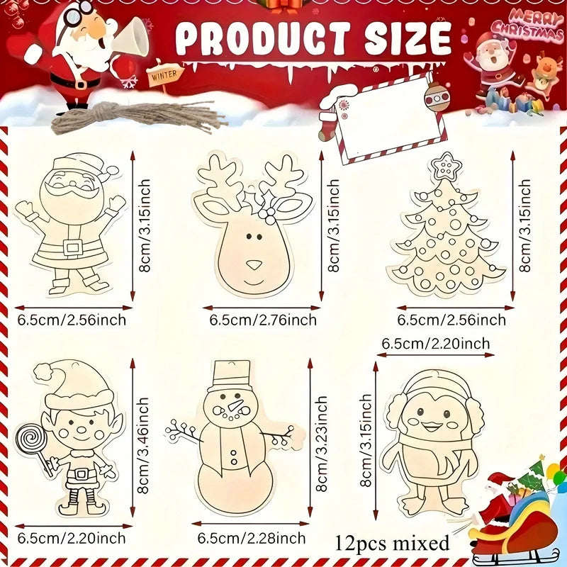 12Pcs Christmas Wooden Ornaments Snowman Santa Tree Holiday Decor DIY Hanging Pendant