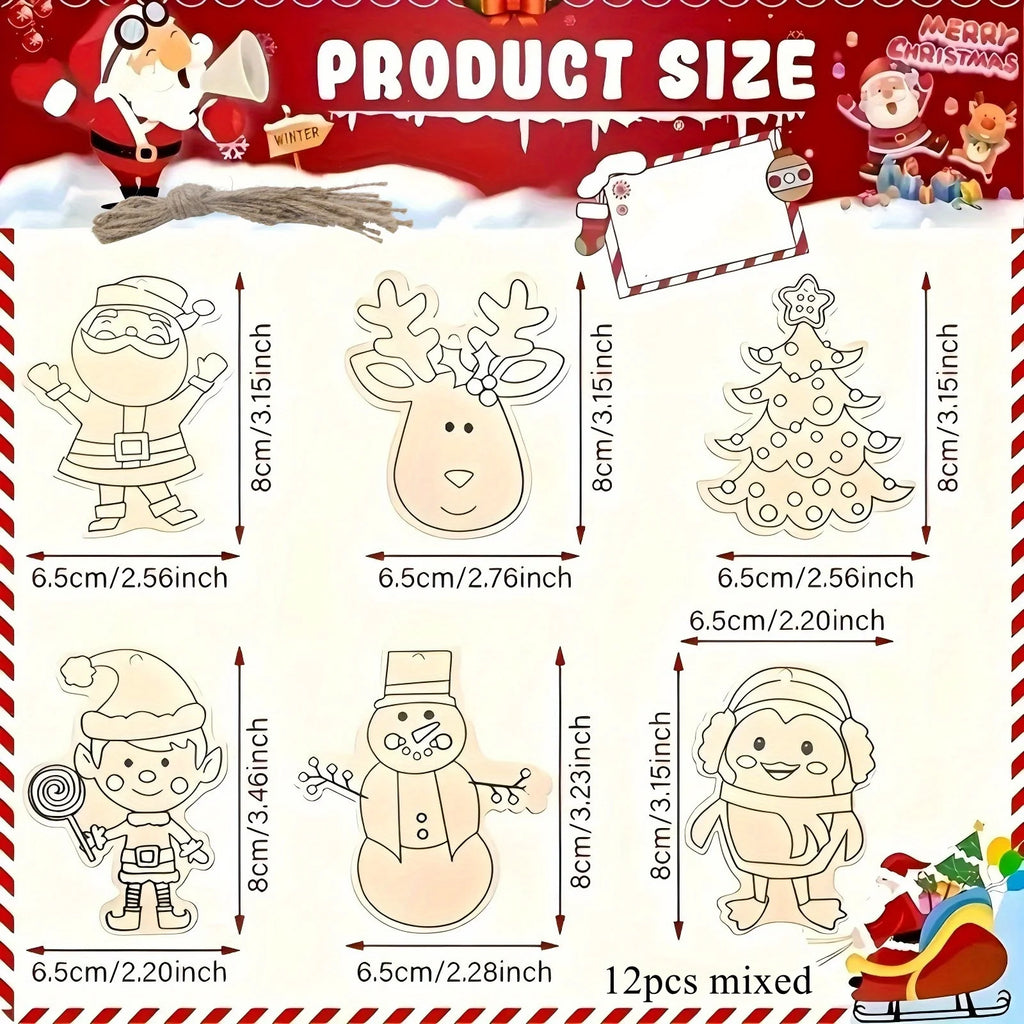 12Pcs Christmas Wooden Ornaments Snowman Santa Tree Holiday Decor DIY Hanging Pendant