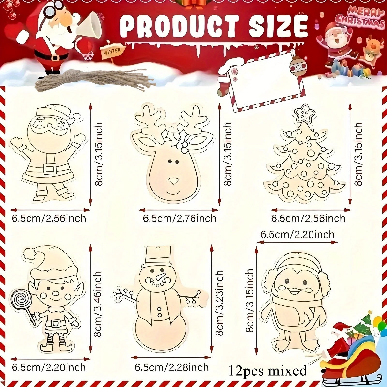 12Pcs Christmas Wooden Ornaments Snowman Santa Tree Holiday Decor DIY Hanging Pendant