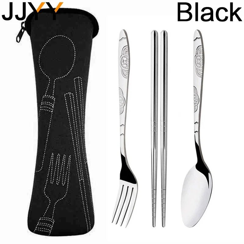 Portable Stainless Steel Cutlery Set for Camping - Fork, Spoon, Knife & Chopsticks with Bag