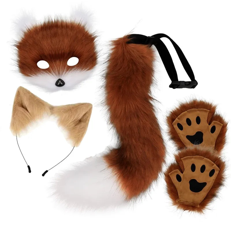 4-Piece Fox Costume Accessory Set with Mask Gloves Tail & Headband