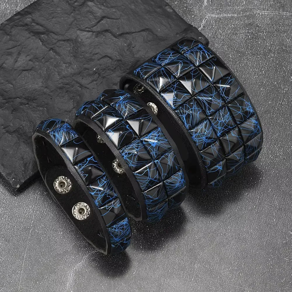 Leather Wristband Set with Square Rivets - Punk Gothic Adjustable Bracelets for Men Women