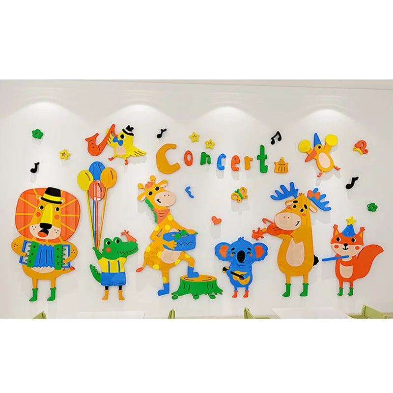 Cartoon Animal 3D Wall Decals for Kids' Classroom and Home Decor