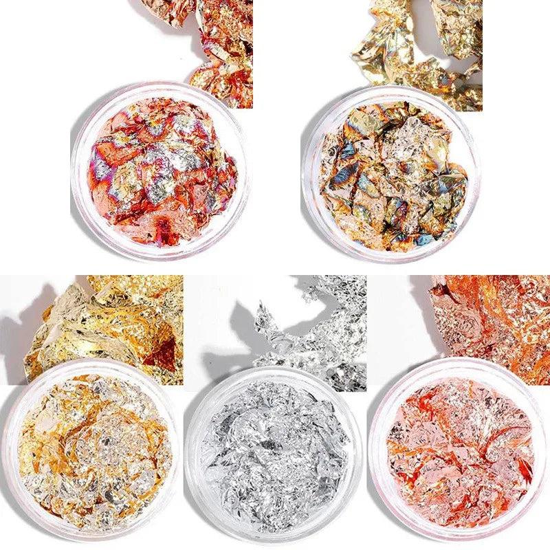 Professional Nail Art Foil and Glitter Sheets Set - Gold Silver Copper Flakes & Sequins Bulk Pack