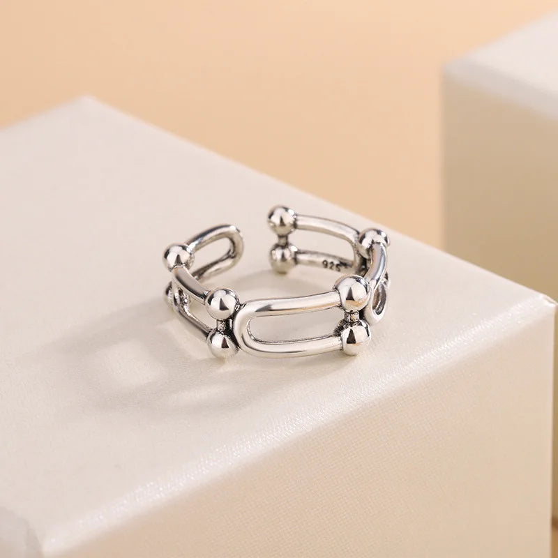 Vintage U-Shaped Horseshoe Silver Ring for Women - Adjustable Wedding Jewelry Gift