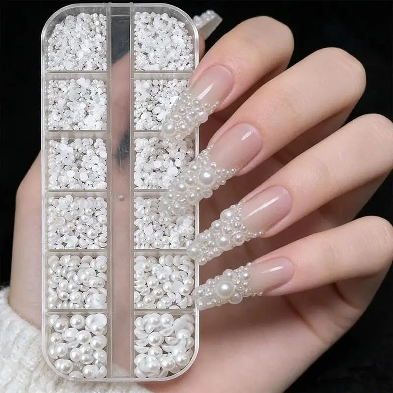 12-Grid 3D White Pearl Nail Charms Beads for Manicure & Nail Art Decoration