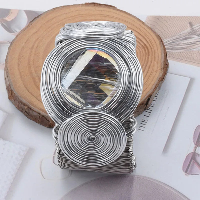 Heavy Metal Wire Winding Cuff Bangles for Women - Big Rhinestone Jewelry Gift