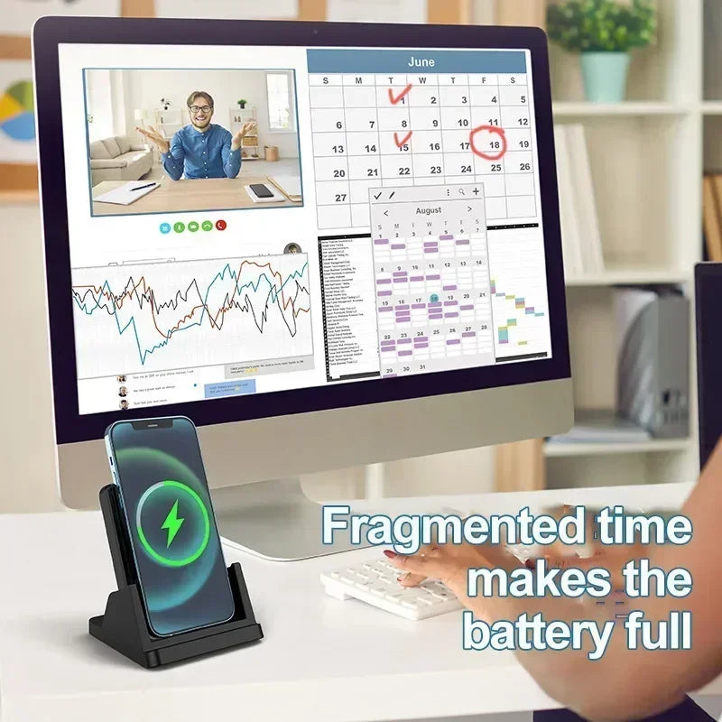 Wireless Charging Stand Dock for iPhone, Samsung, Xiaomi - Fast 15W, Removable Vertical & Horizontal Holder