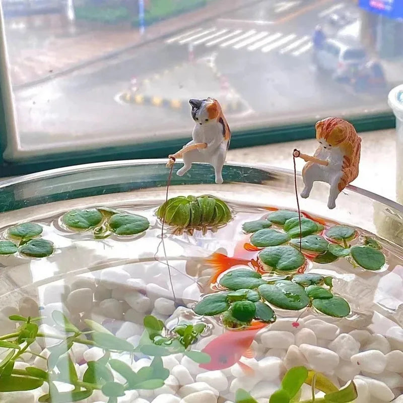 Fishing Cat Aquarium Decor Set - Cute Fish Tank Landscape Ornament - 1-5 Pieces