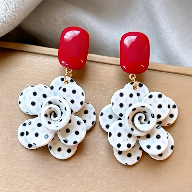 Vintage Elegant Polka Dot Flower Pendant Earrings for Women - Jewelry Gift