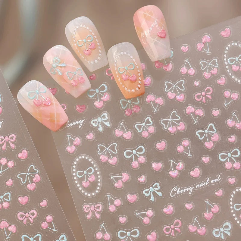 Pink Blue Cherry Bow Nail Art Sticker Set - 5D Self-Adhesive Decals for Manicure
