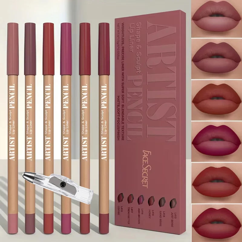 Lip Makeup Set with 6 Matte Lip Liners & Sharpener - Waterproof & Long-Lasting