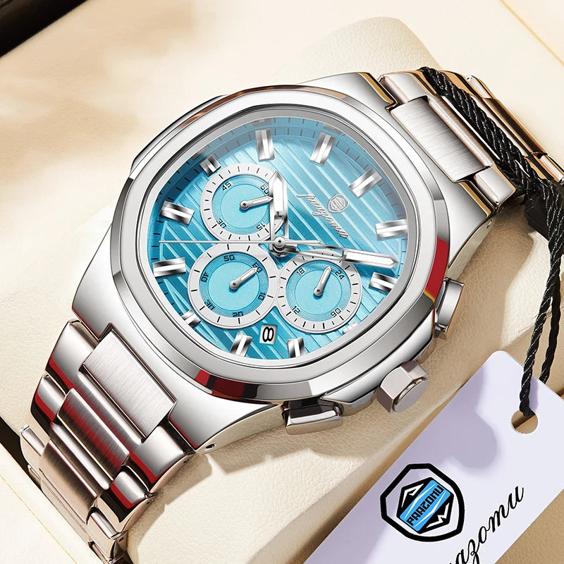 Men's Waterproof Stainless Steel Chronograph Watch with Luminous Dial and Date Function