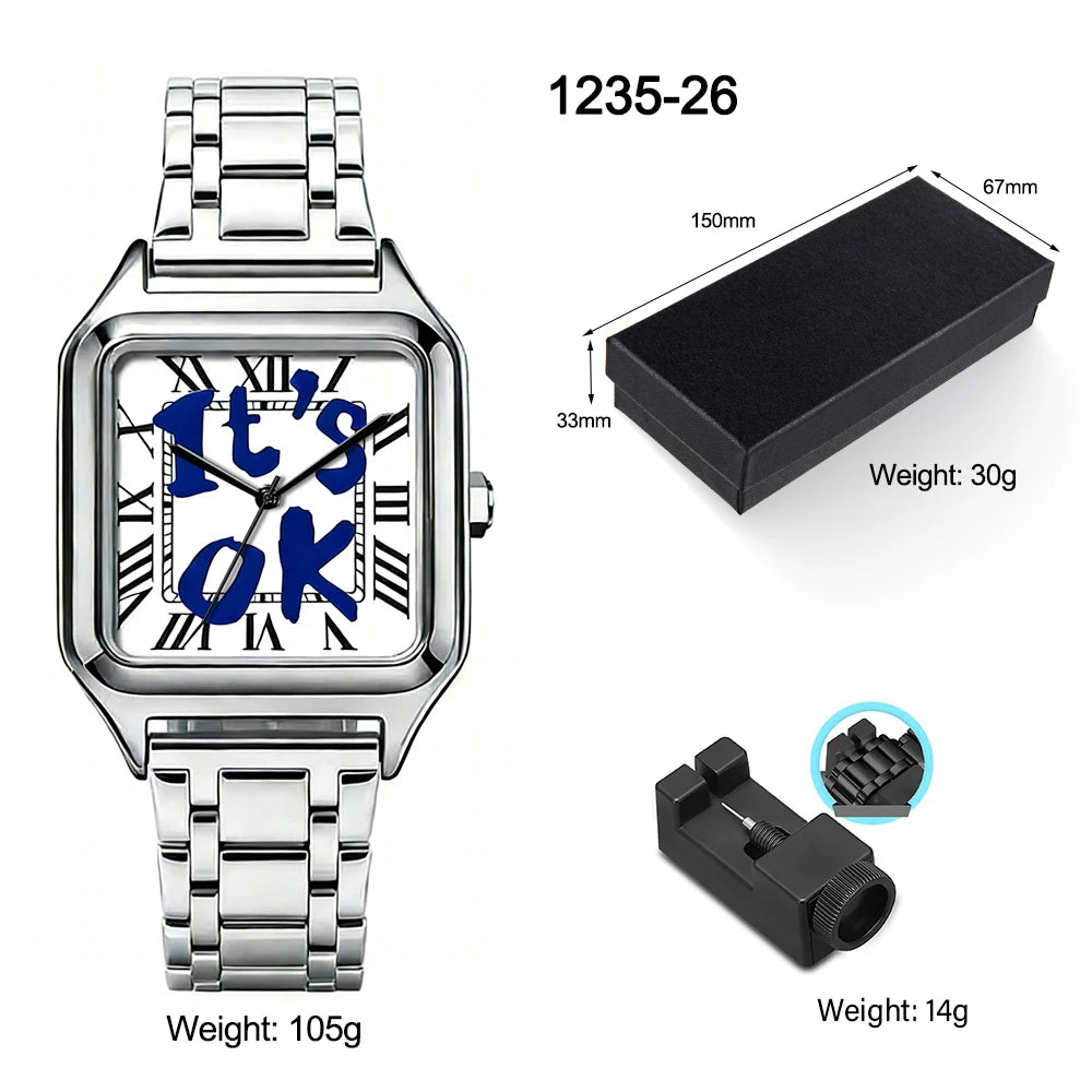 Men's Quartz Watch Stainless Steel Square Dial Waterproof Business Watch