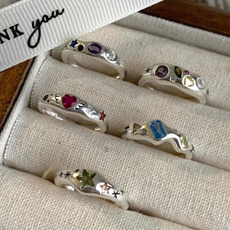 Colorful Heart Stone Silver Ring for Women - Open Handmade Jewelry Gift