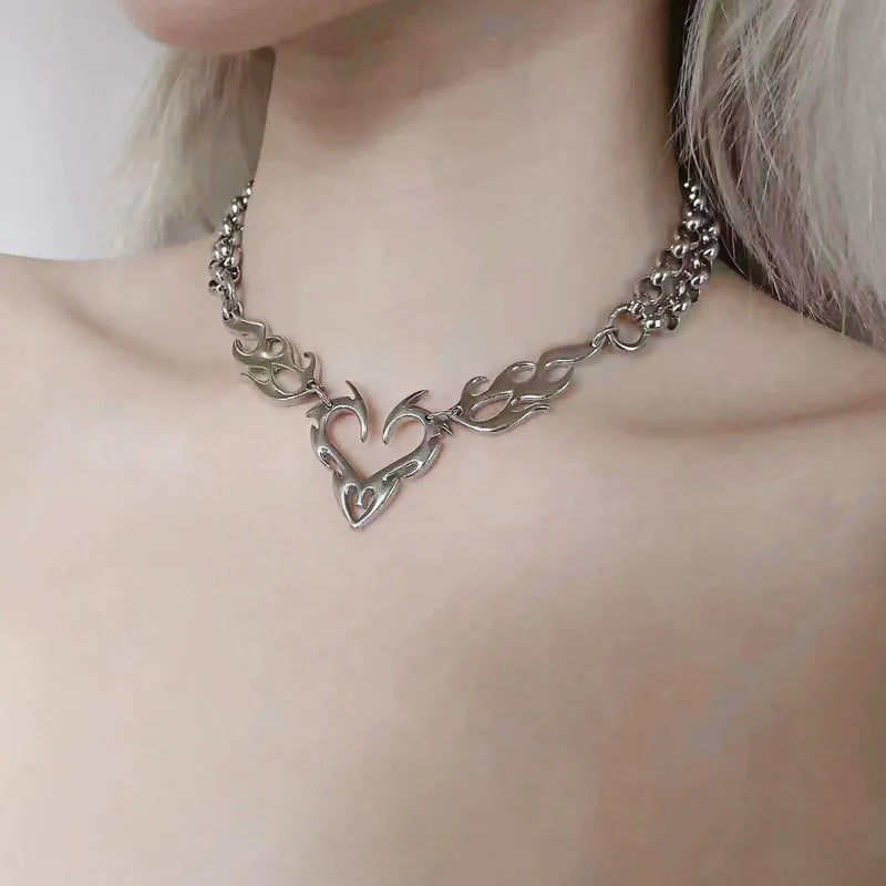 Y2K Punk Silver Hollow Flame Heart Pendant Jewelry for Women