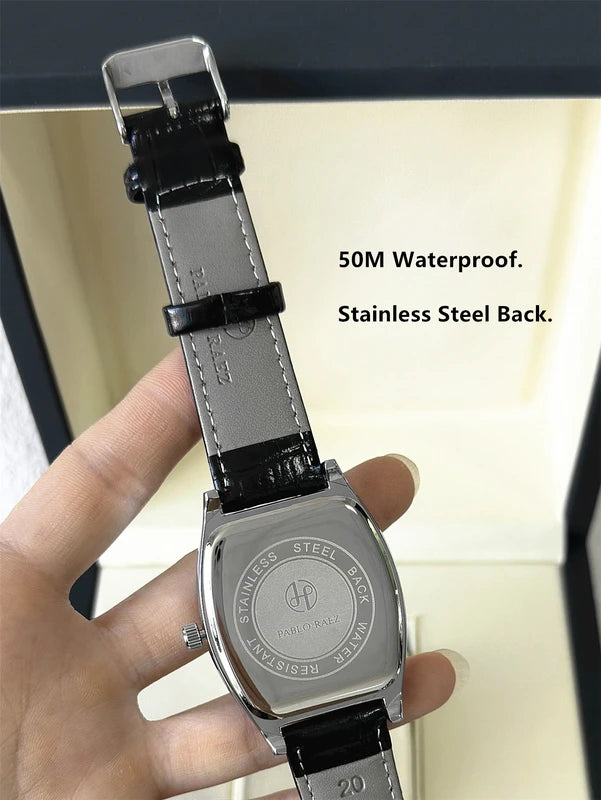 Luxury Quartz Watch for Men Waterproof Leather Wristwatch with Barrel Shape and Date Function