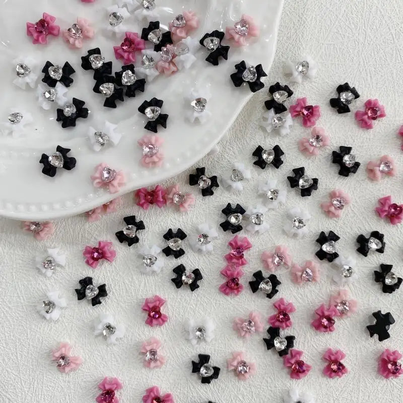 10pcs Resin Bow Nail Art Decorations with Heart Crystal Rhinestones & Pearls