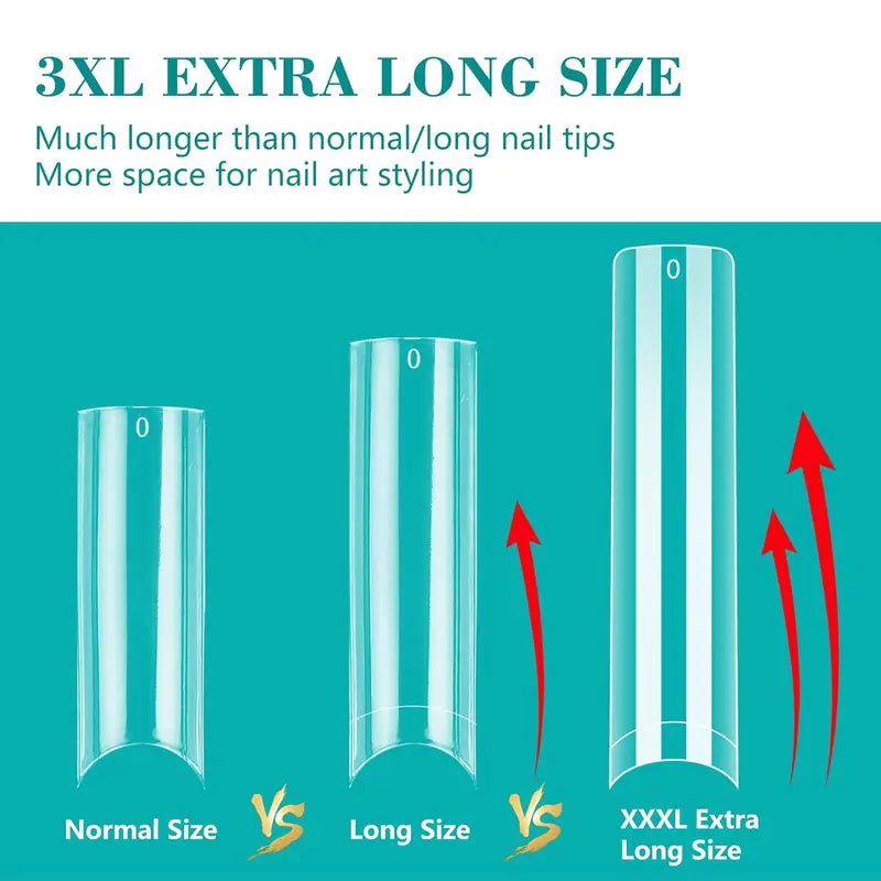 240PC Long Square Nail Tips for Acrylic Nails - Extra Long, 12 Sizes, Clear