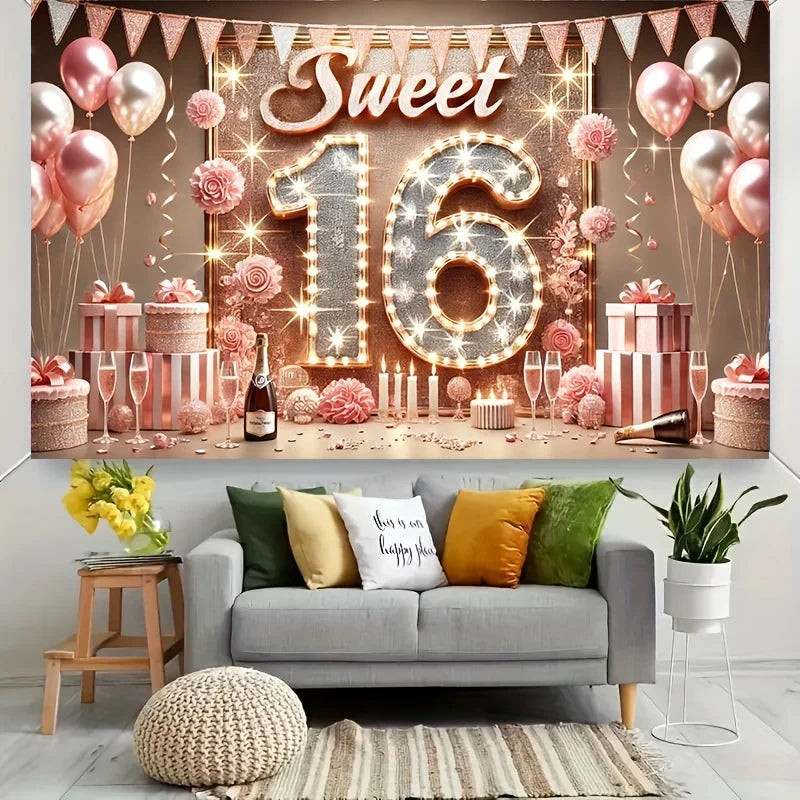 Sweet 16 Birthday Banner Decoration Polyester Background for Celebration