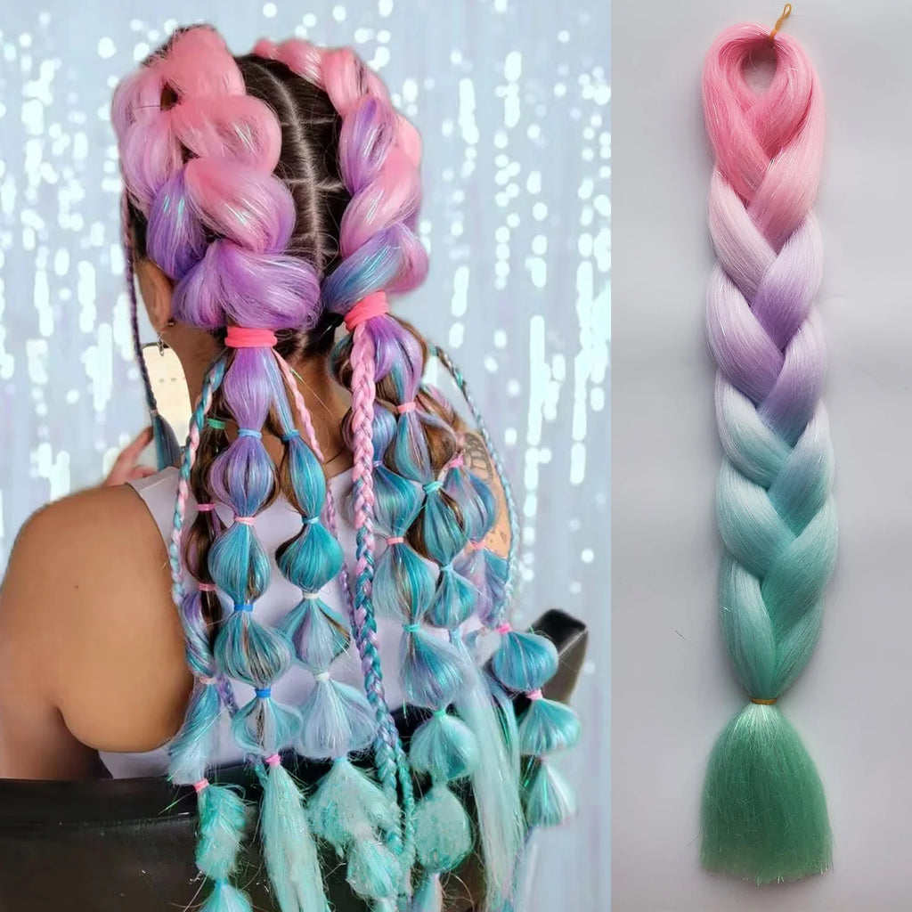 Synthetic Ombre Braiding Hair Extensions with Tinsel - 26 Inch Rainbow Colors for Women & Girls
