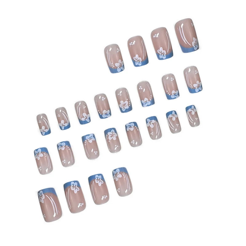 24pcs Handmade Short Square False Nails with Blue French Tips & White Flowers