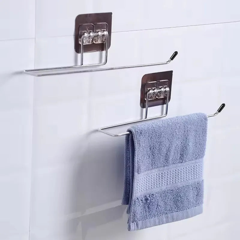 Adhesive Wall-Mounted Toilet Paper Holder and Towel Rack - Stainless Steel Bathroom and Kitchen Organizer