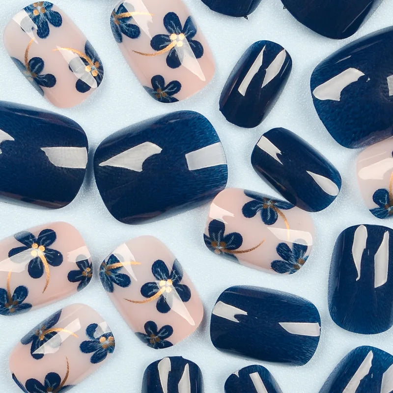Short Square Fake Nails for Women Girls Spring Summer Floral Design - Deep Blue & Gold