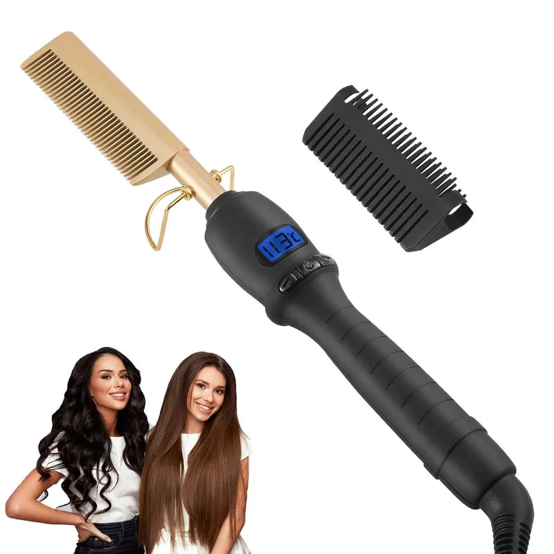 Dual Voltage Ceramic Hot Comb for Hair Straightening & Curling 450°F