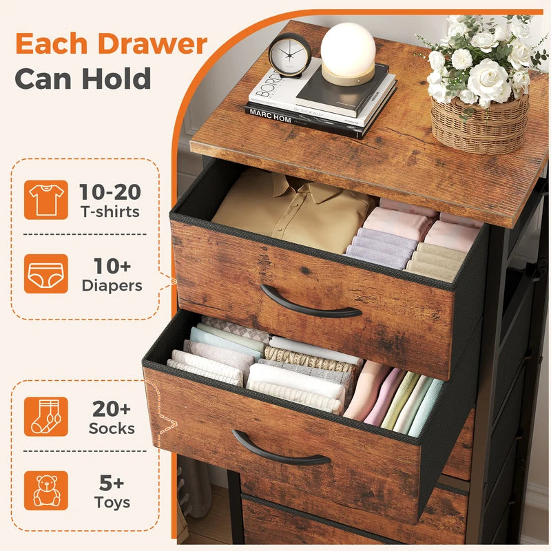 Tall Fabric Drawer Dresser with Wooden Top - Slim Storage Tower for Bedroom & Closet
