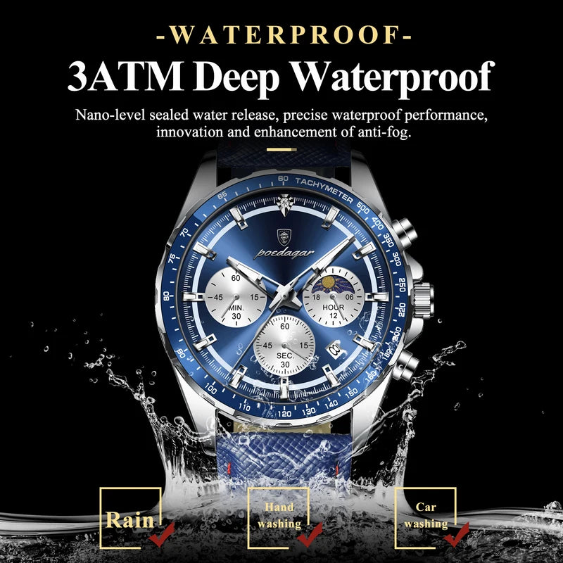 Men's Waterproof Luminous Chronograph Sport Wristwatch with Leather Strap