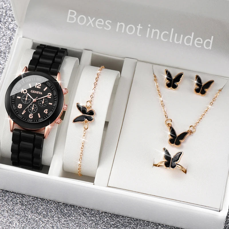 Women’s Fashion Quartz Watch Set with Silicone Band and Jewelry Accessories 5-6PCS