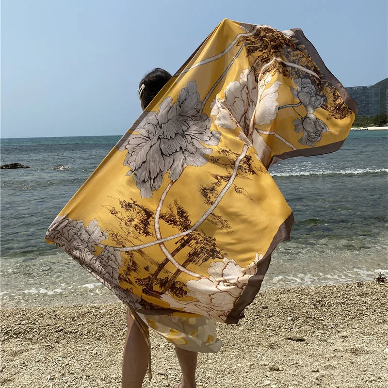 Luxury Floral Silk Beach Cover-Up Sarong Wrap for Women 90x180cm