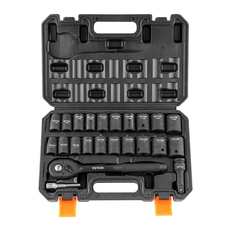 23-Piece Impact Socket Set 1/2 Inch Drive SAE & Metric Cr-V Alloy Steel