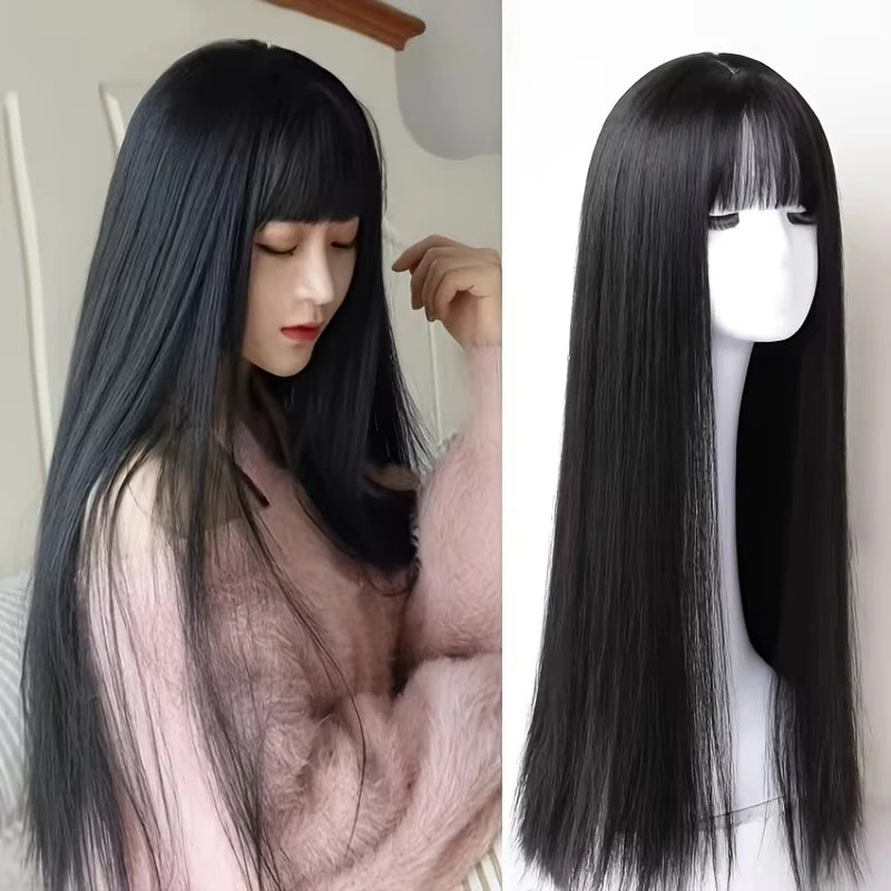 Black Long Straight Synthetic Wig for Halloween Cosplay & Daily Wear - High-Temperature Hair Accessory