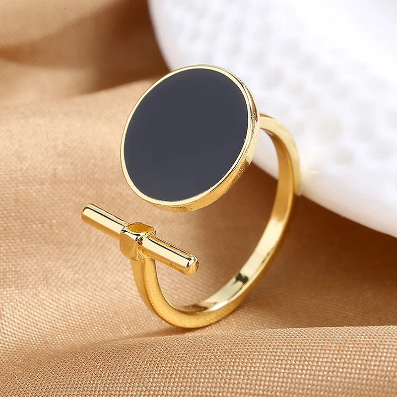 Geometric Open Ring for Women - Adjustable Silver & Black/White Epoxy Jewelry