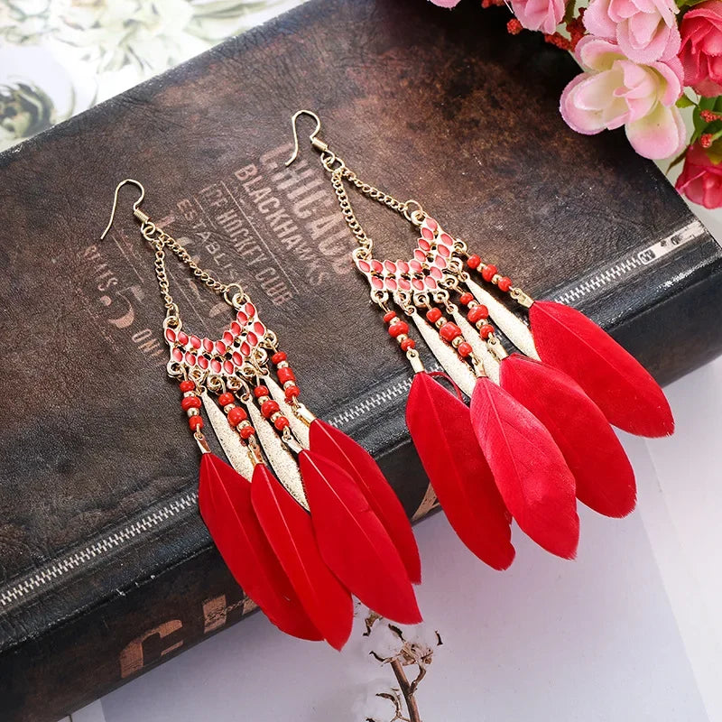 Bohemian Ethnic Feather Dangle Earrings for Women - Colorful Beaded Tassel Drop Jewelry