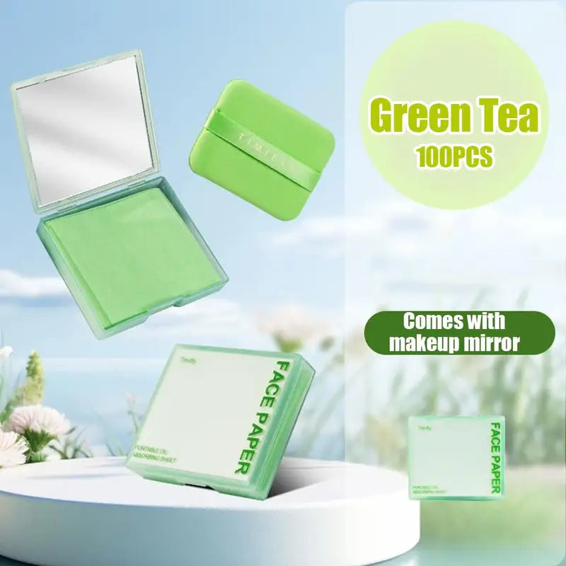 Facial Oil Blotting Paper with Mirror & Powder - Natural Bamboo Charcoal, Portable