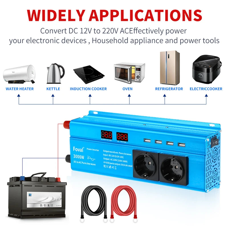 3000W Pure Sine Wave Power Inverter DC12V to AC220V/110V EU US AU Socket USB LED Display