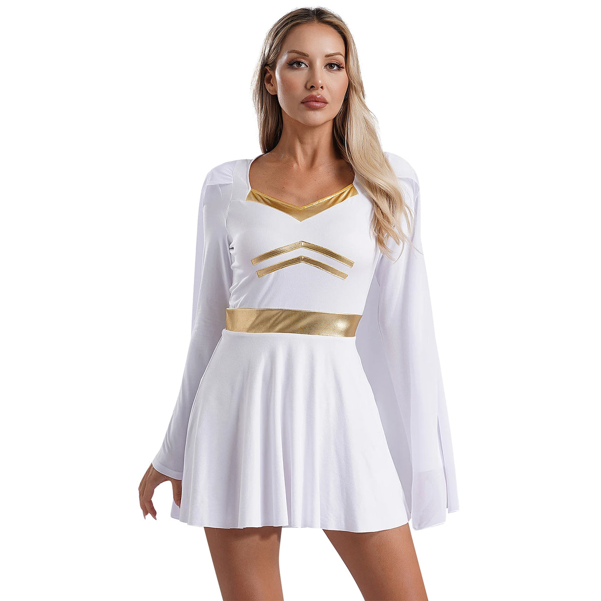 Women’s Halloween Cosplay Costume Dress with Chiffon Cape & Metallic Trim